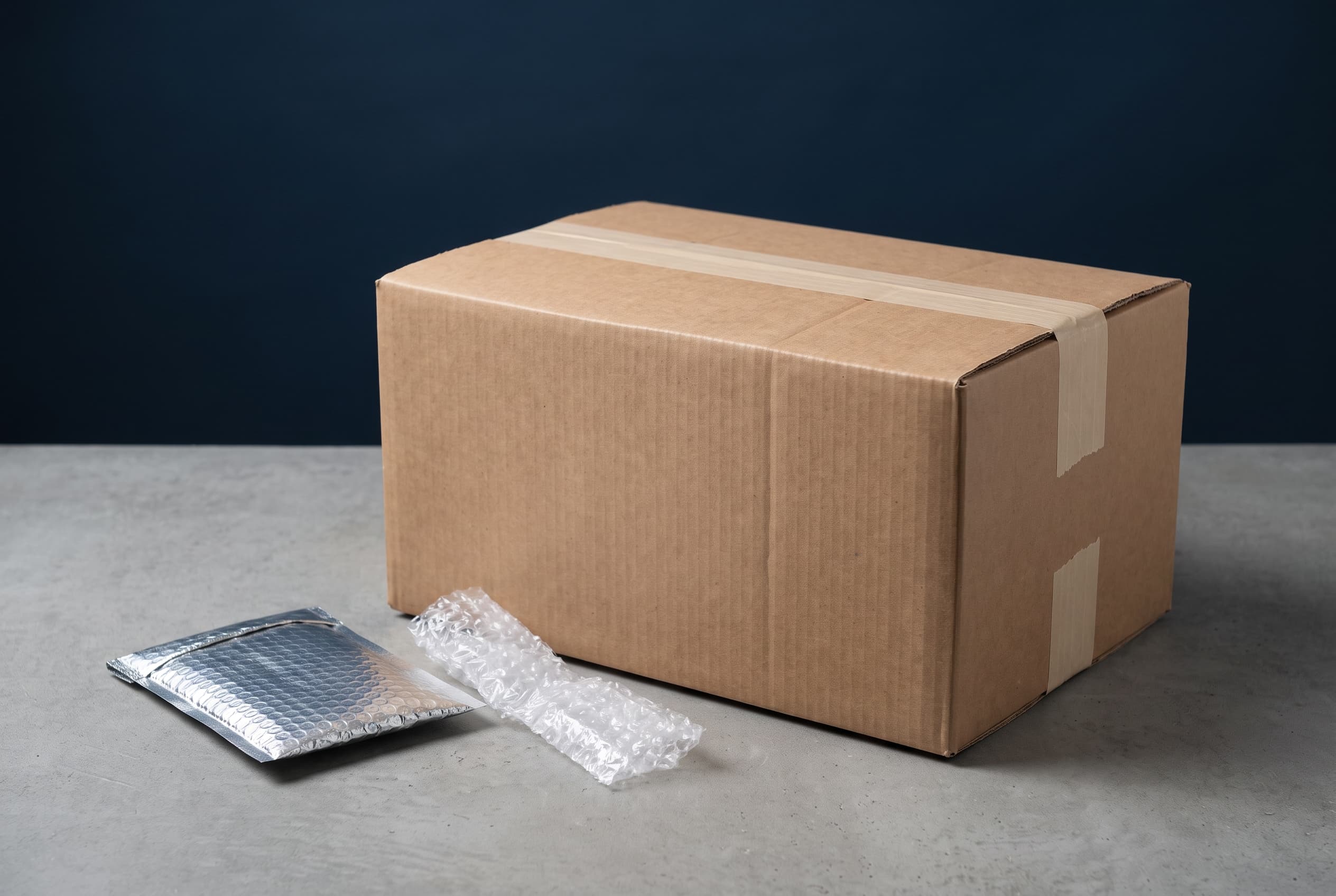 A plain unmarked cardboard shipping box, taped shut, with an insulated pouch and bubble wrap beside it.